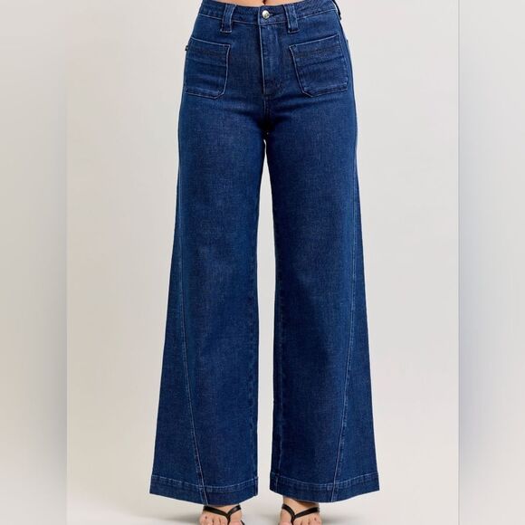 Judy Blue Denim - Judy Blue Women's High-Waisted Retro Fit  Denim Wide Jeans with Patch Pocket